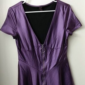 Grape color pleather fit and flare dress, Shein size Large, zip up, deep vneck